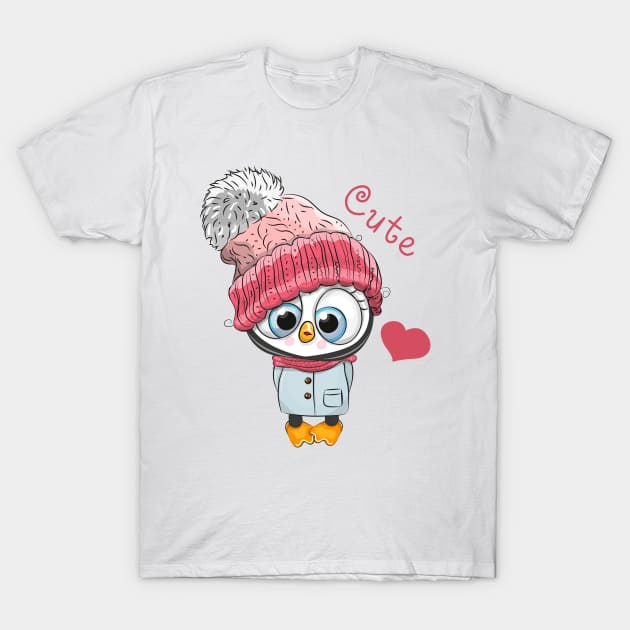 Cute penguin girl in a winter hat and scarf T-Shirt by Reginast777